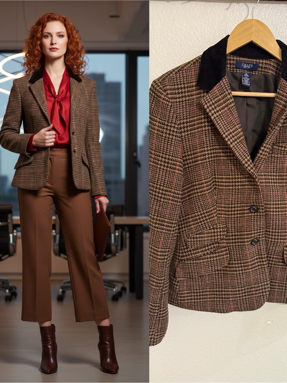 CHAPS Women’s Size 14 Wool Blend Plaid Blazer Velvet Collar Brown Academia